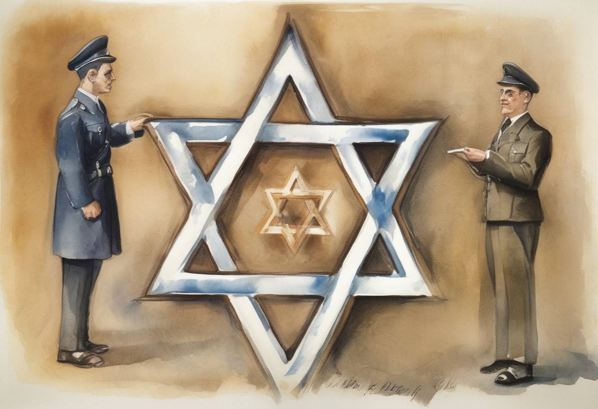 Watercolor painting based depiction of The requirement for Jews to wear the Star of David with the word 'Jew' inscribed, is introduced in Nazi Germany. (1941)
