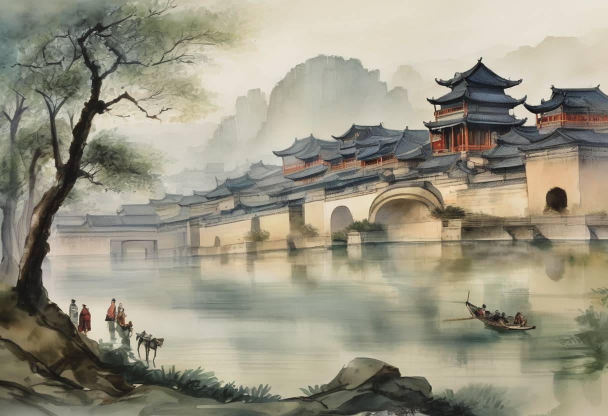 Watercolor painting based depiction of The Song dynasty in China, under the leadership of Emperor Taizu, captures the Southern Tang capital of Jinling (modern-day Nanjing), marking a significant step in the reunification of China. (971)