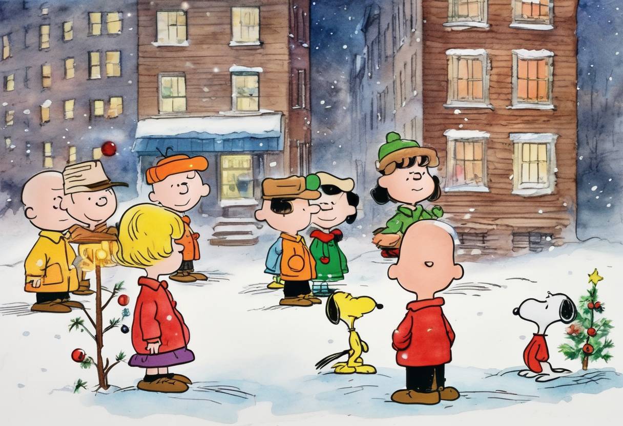 Watercolor painting based depiction of A Charlie Brown Christmas, the first Peanuts animated special, premieres on CBS, becoming a beloved holiday classic. (1965)