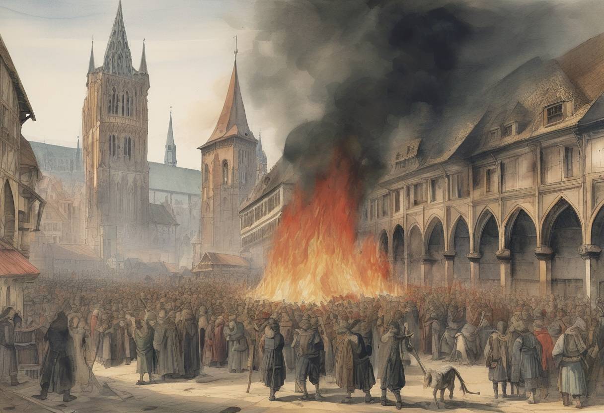 Watercolor painting based depiction of Approximately 2,000 Jews were burned to death by mobs or forcibly removed from the city of Strasbourg during the Strasbourg massacre, part of the widespread violence against Jews during the Black Death pandemic. (1349)