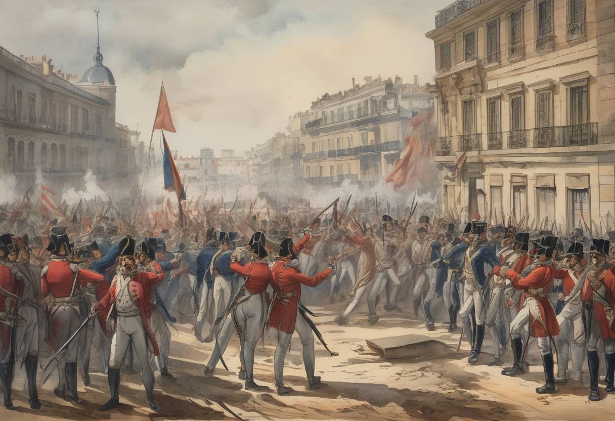 Watercolor painting based depiction of The Dos de Mayo Uprising occurred in Madrid, Spain, marking the beginning of the Peninsular War against Napoleonic France. Spanish citizens rose against the French occupation, leading to a brutal suppression by French forces. (1808)