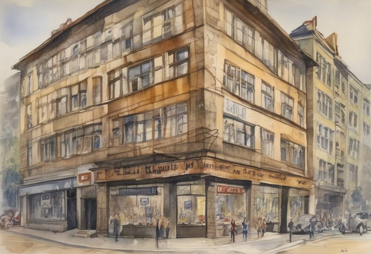 Watercolor painting based depiction of The last remaining Jewish enterprises in Germany were closed as part of the Nazi regime's anti-Semitic policies. (1939)
