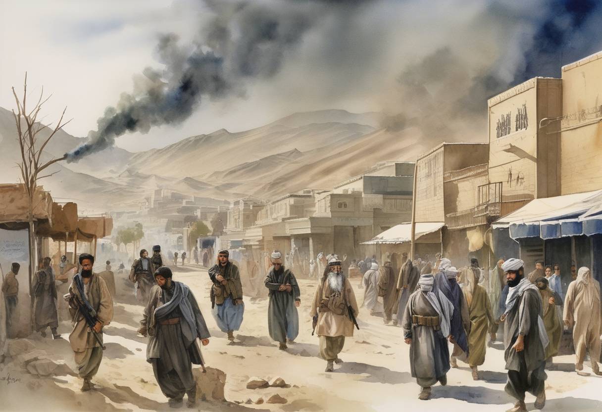 Watercolor painting based depiction of The Taliban capture the Afghan capital, Kabul, establishing the Islamic Emirate of Afghanistan. (1996)