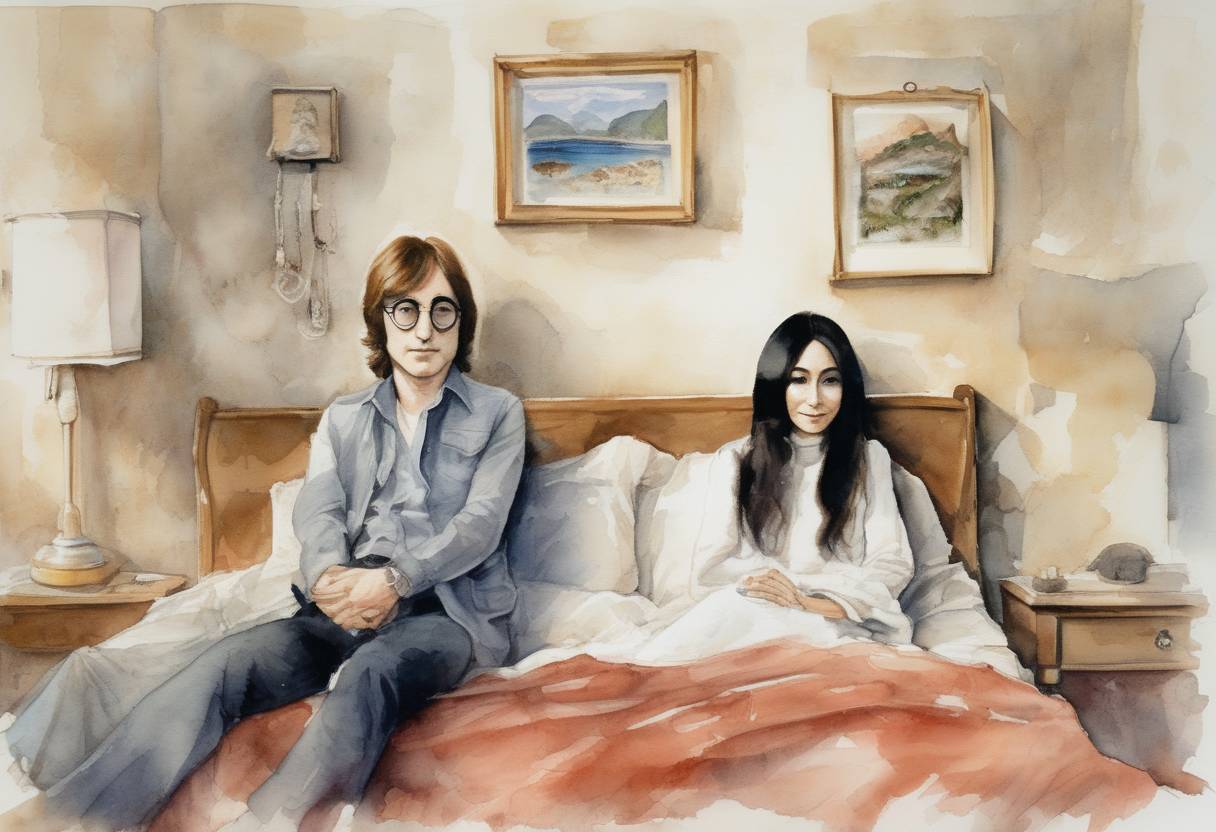 Watercolor painting based depiction of John Lennon and Yoko Ono were married in Gibraltar, later holding their famous 'Bed-In' for peace. (1969)