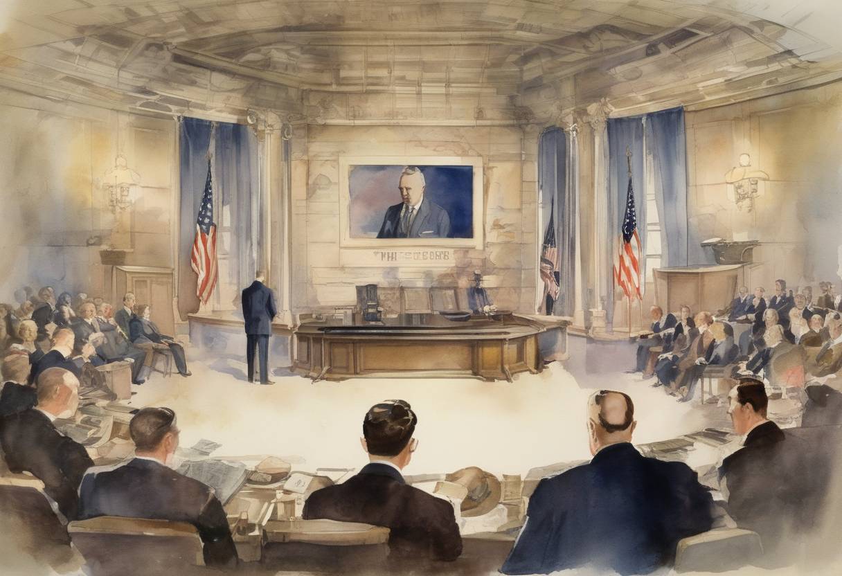 Watercolor painting based depiction of The first long-distance public television broadcast is made from Washington, D.C., to New York City, displaying the image of Commerce Secretary Herbert Hoover. (1927)