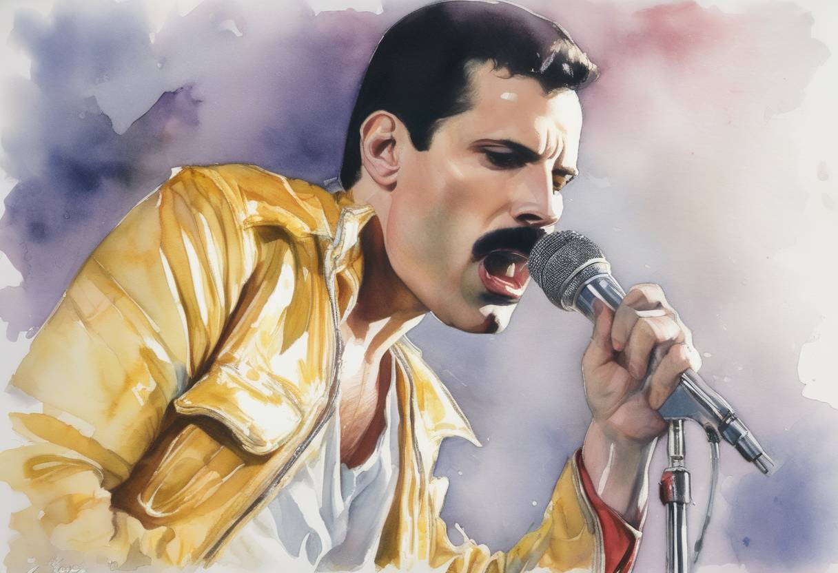 Watercolor painting based depiction of Freddie Mercury, lead singer of Queen, dies of bronchopneumonia resulting from AIDS, prompting increased awareness and activism for AIDS research and treatment. (1991)