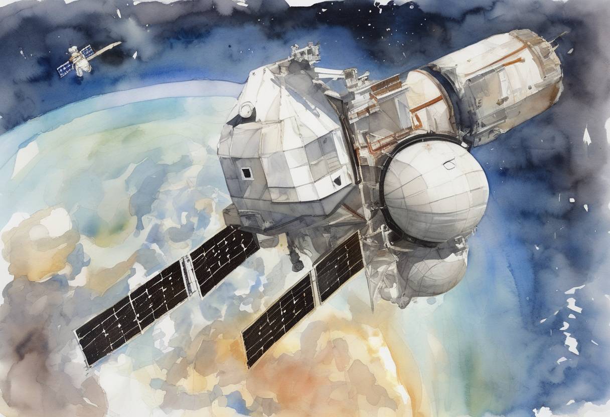 Watercolor painting based depiction of The first successful commercial mission to the International Space Station was completed by SpaceX's Dragon spacecraft, marking a significant milestone in private spaceflight. (2012)