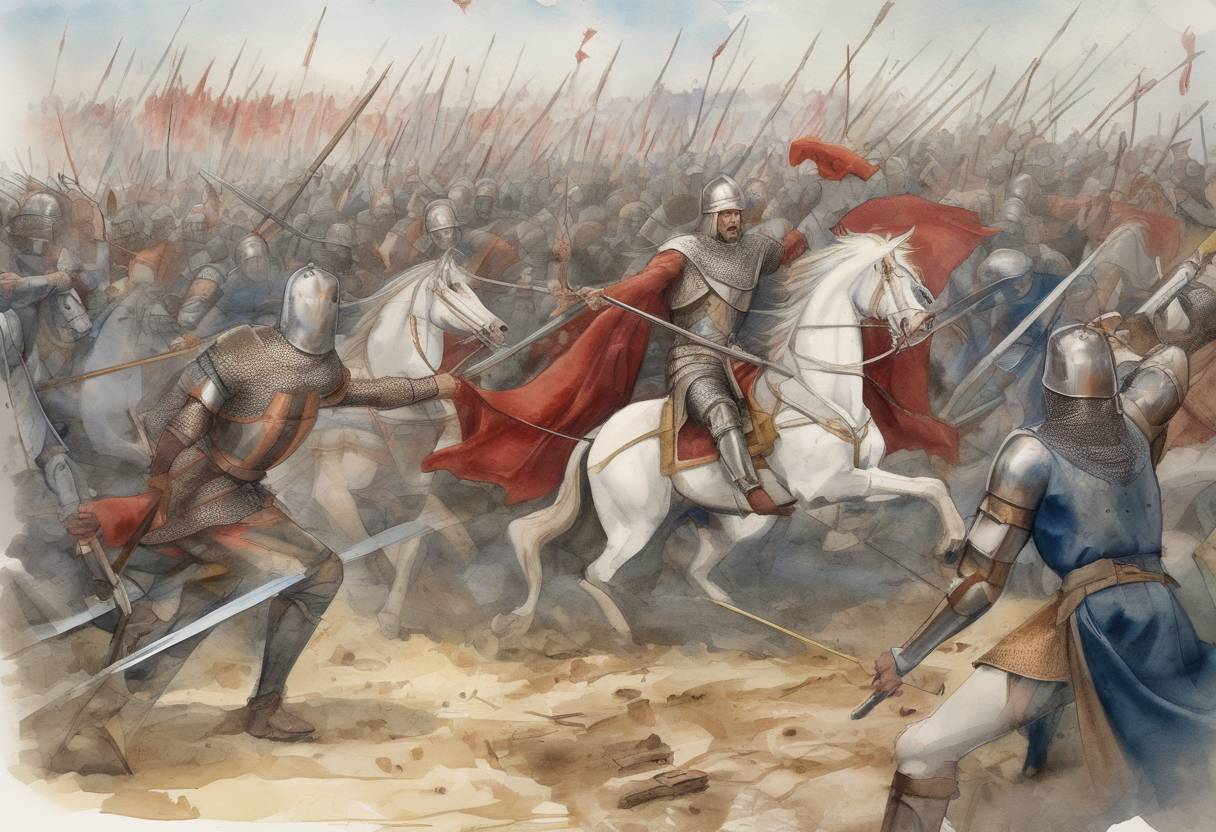 Watercolor painting based depiction of Ragenfrid, the mayor of the palace of Neustria, is defeated by Charles Martel at the Battle of Compiègne, solidifying Charles's power in the Frankish kingdom. (715)