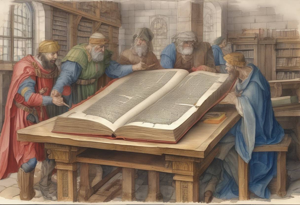 Watercolor painting based depiction of The printing of the Gutenberg Bible is completed. (1456)