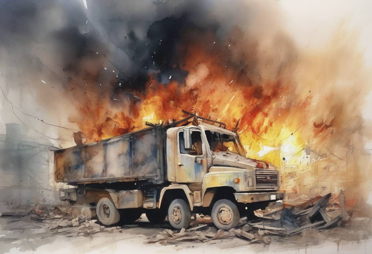 Watercolor painting based depiction of A truck bomb exploded at the Marriott Hotel in Islamabad, Pakistan, killing at least 54 people and injuring over 260. The attack was attributed to Islamist militants and highlighted the ongoing security challenges in Pakistan. (2008)