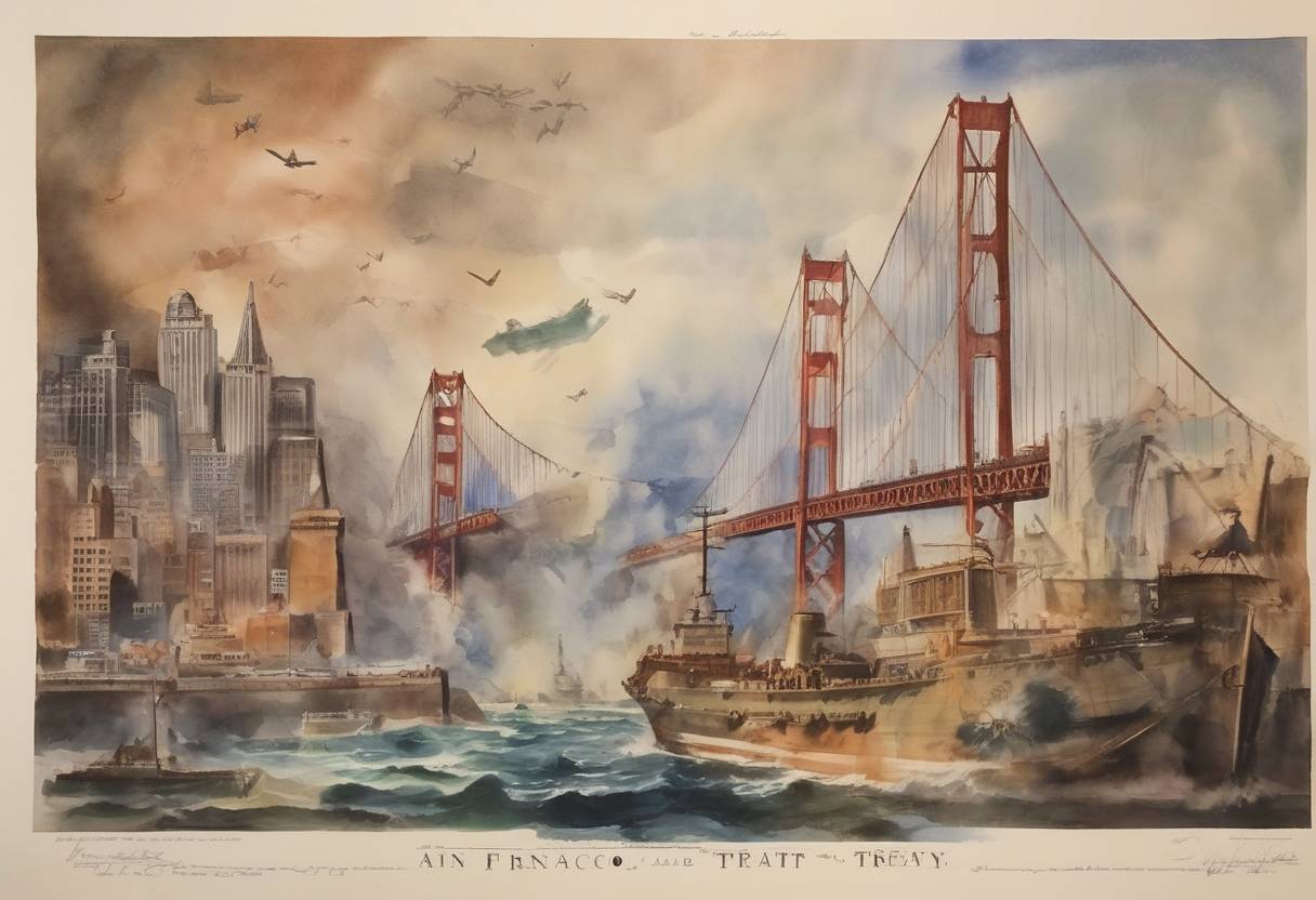 Watercolor painting based depiction of The United States, Australia, and New Zealand signed the ANZUS Treaty, a mutual defense pact. (1951)