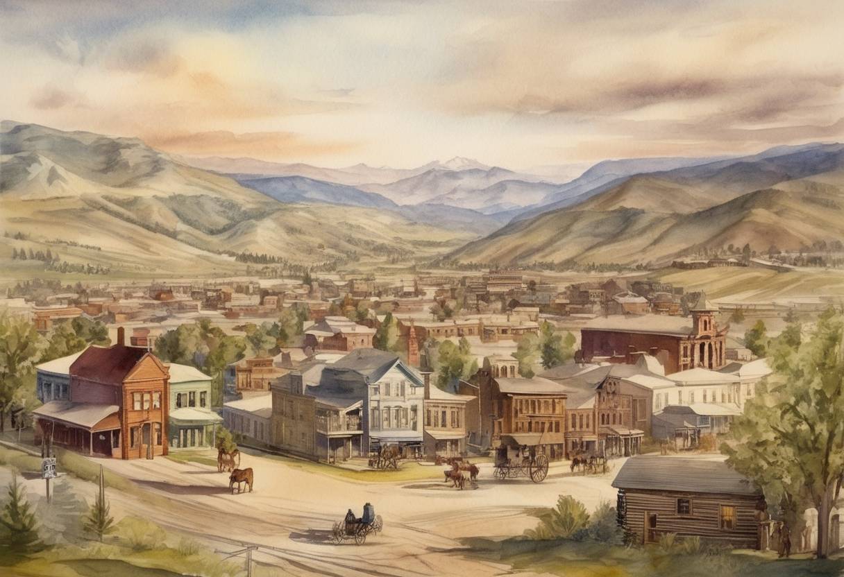 Watercolor painting based depiction of Helena, Montana is founded during the Montana Gold Rush, becoming a major city in the region. (1864)