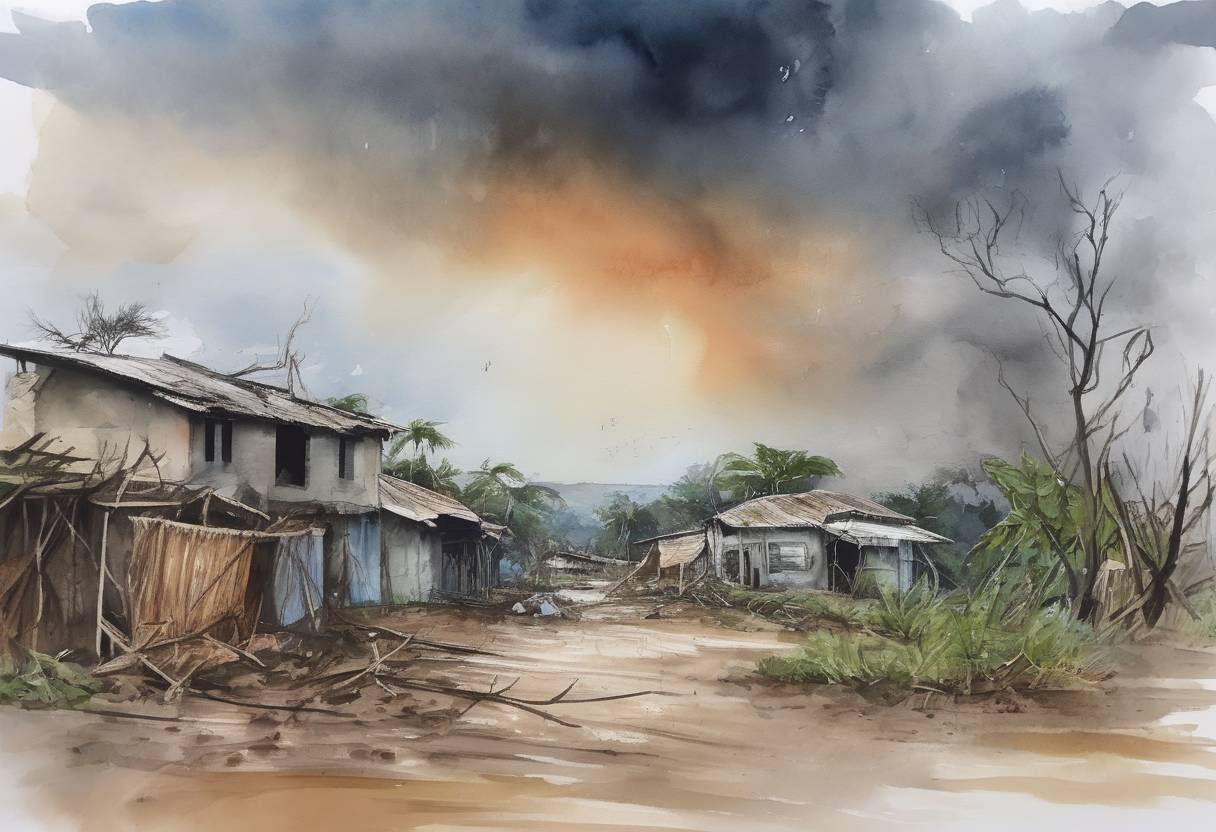 Watercolor painting based depiction of Cyclone Idai made landfall near Beira, Mozambique, causing widespread destruction and leading to a humanitarian crisis. (2019)