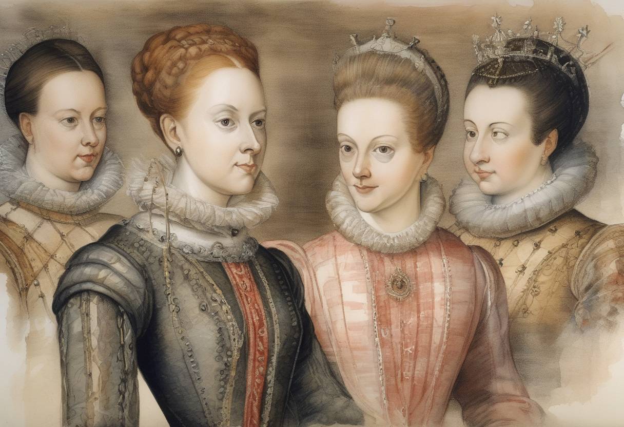 Watercolor painting based depiction of Mary, Queen of Scots, recognized Philip II of Spain as her heir, a significant political move during her imprisonment in England. (1586)