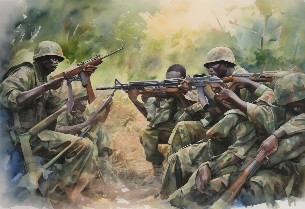 Watercolor painting based depiction of The Lord's Resistance Army, a rebel group in Uganda, launched a series of attacks in the Democratic Republic of the Congo, resulting in the deaths of hundreds of civilians over the Christmas period. (2008)