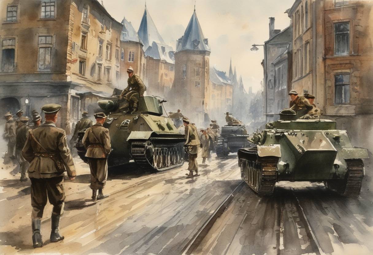 Watercolor painting based depiction of The first Allied troops entered Nazi Germany near Aachen during World War II as part of the Western Allied Invasion of Germany. (1944)