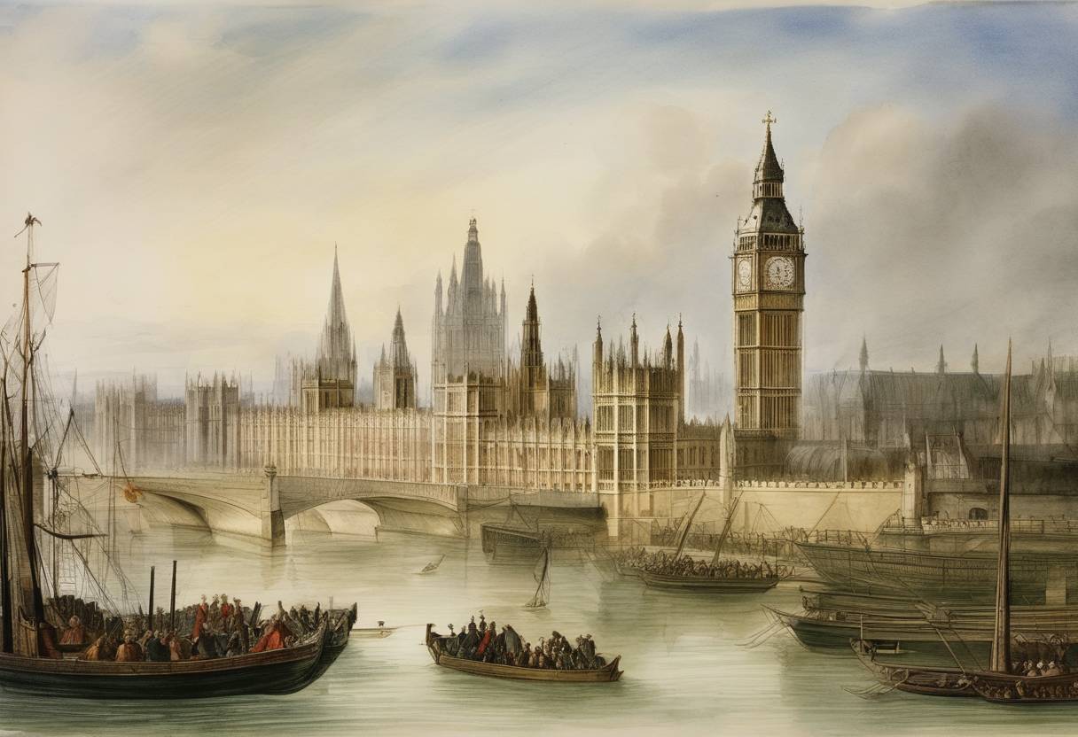 Watercolor painting based depiction of Parliament passed the Act of Supremacy, recognizing Henry VIII as the Supreme Head of the Church of England and formalizing the break with the Roman Catholic Church. (1534)