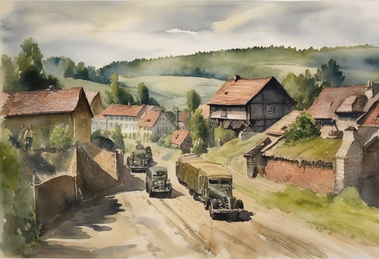 Watercolor painting based depiction of Nazi Germany's SS selects the village of Hankensbüttel, Germany, to become part of the Germanization process of annexed Polish territories, leading to the expulsion of Polish citizens. (1941)