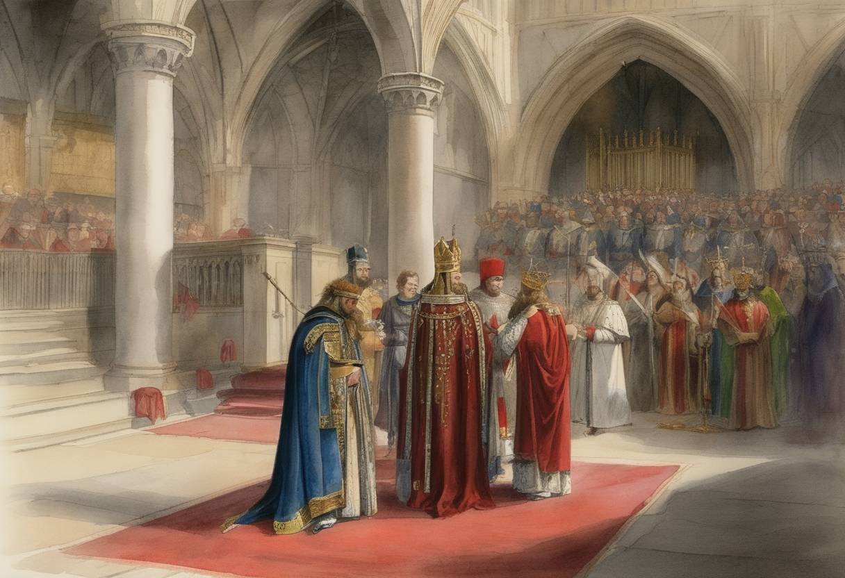 Watercolor painting based depiction of The Concordat of London was agreed upon, where Henry I of England and Anselm, Archbishop of Canterbury, reached an agreement to settle the Investiture Controversy in England, marked by a compromise that allowed bishops to perform homage for their temporalities but keeping investiture as a spiritual act. (1105)