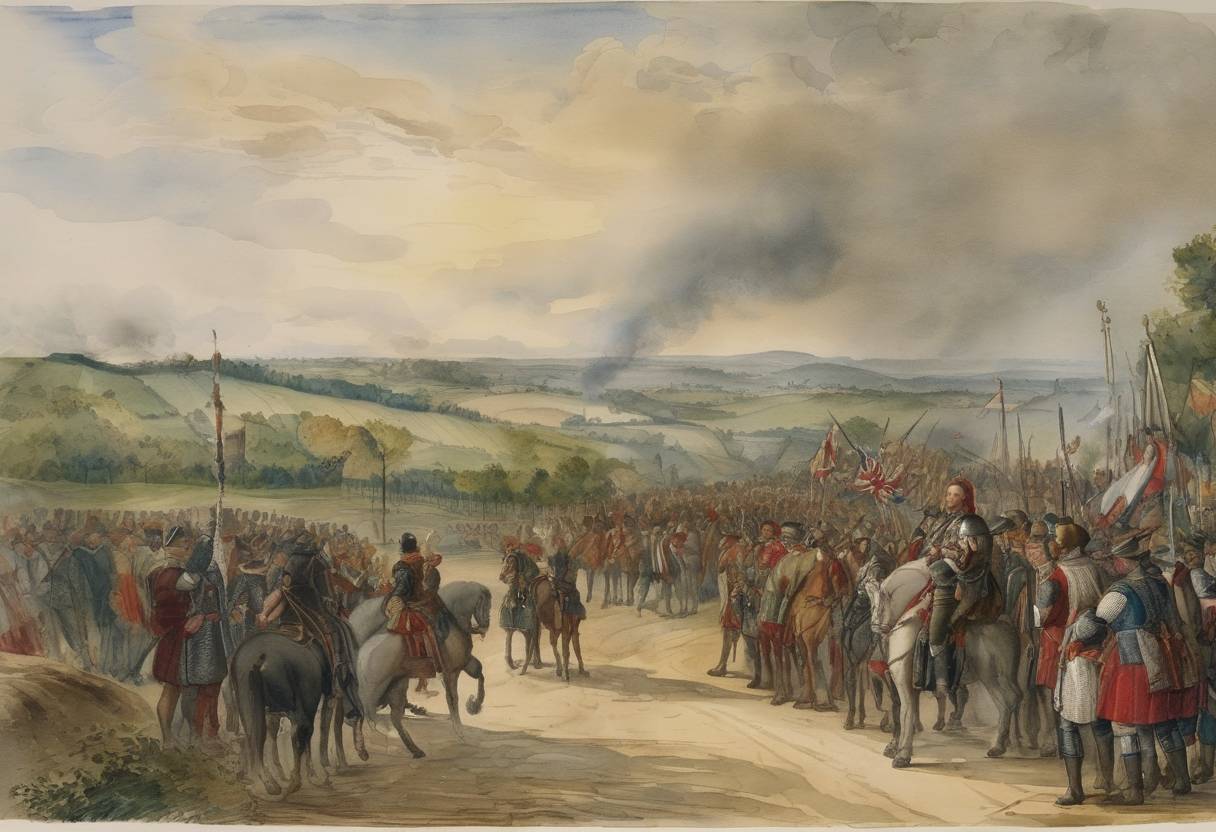 Watercolor painting based depiction of The Peace of Cateau-Cambrésis negotiations began, marking the end of the Italian Wars between France and Spain. (1557)