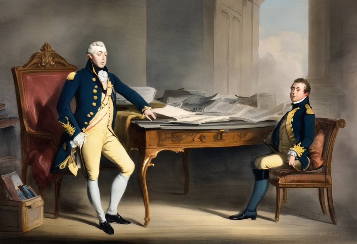 Watercolor painting based depiction of Gilbert du Motier, Marquis de Lafayette, secures a commission as a major-general in the Continental Army during the American Revolutionary War. (1776)