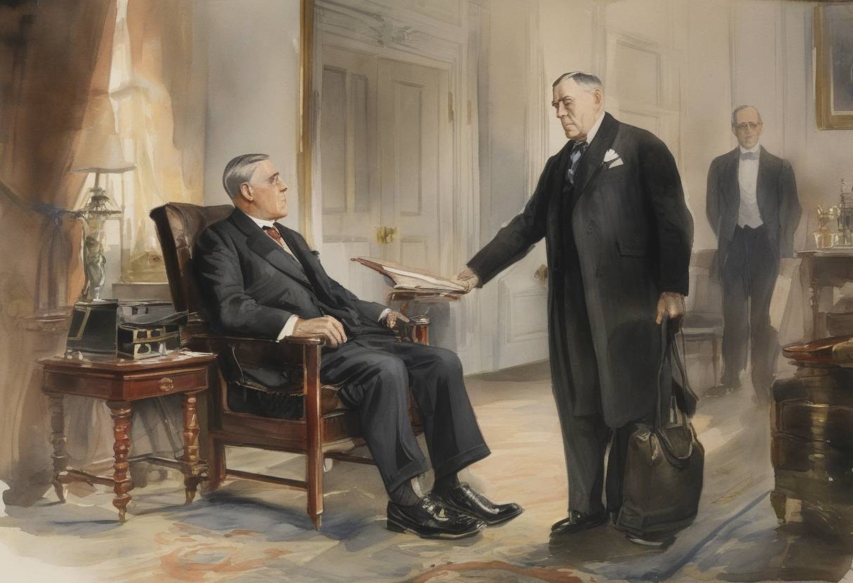 Watercolor painting based depiction of U.S. President Woodrow Wilson suffers a massive stroke, leading to significant health challenges that impaired his ability to carry out his presidential duties for the remainder of his term. (1919)
