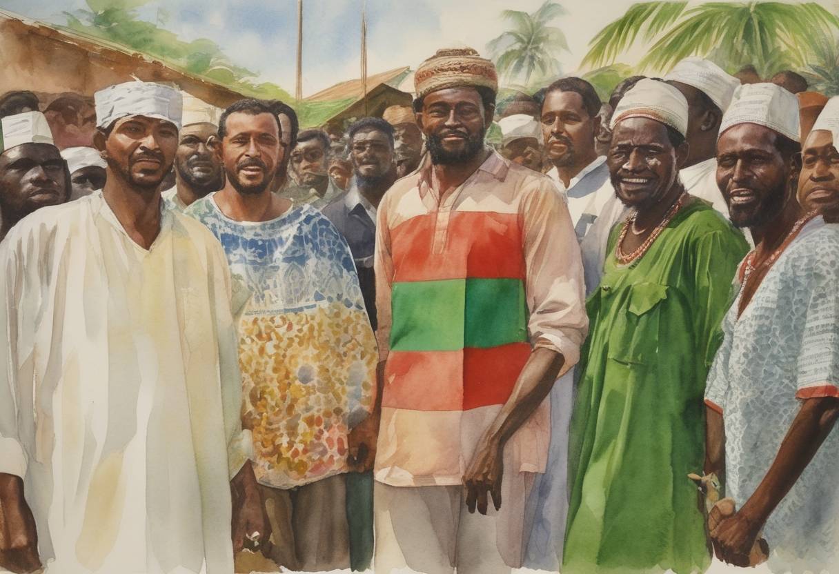 Watercolor painting based depiction of Grande Comore, Anjouan, and Moheli vote in a referendum to form the Federal and Islamic Republic of Comoros, gaining independence from French colonial rule. (1974)