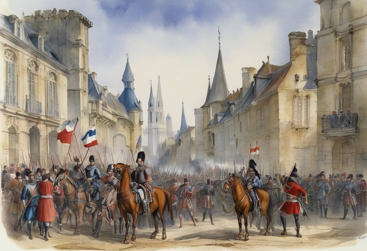 Watercolor painting based depiction of The French recapture of Bordeaux marks the end of the Hundred Years' War, a series of conflicts waged from 1337 to 1453 between the Kingdoms of England and France over succession to the French throne. (1453)