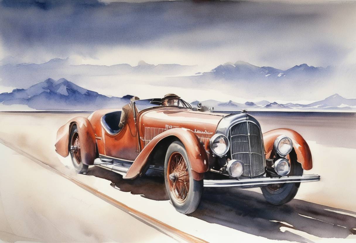 Watercolor painting based depiction of Sir Malcolm Campbell sets a new world land speed record of 301.337 mph (484.955 km/h) at the Bonneville Salt Flats in Utah. (1935)