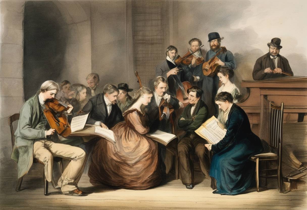 Watercolor painting based depiction of The debut of 'A Selection of Irish Melodies' by composer John Francis Barnett took place in Dublin, an important cultural event in Irish music history. (1848)