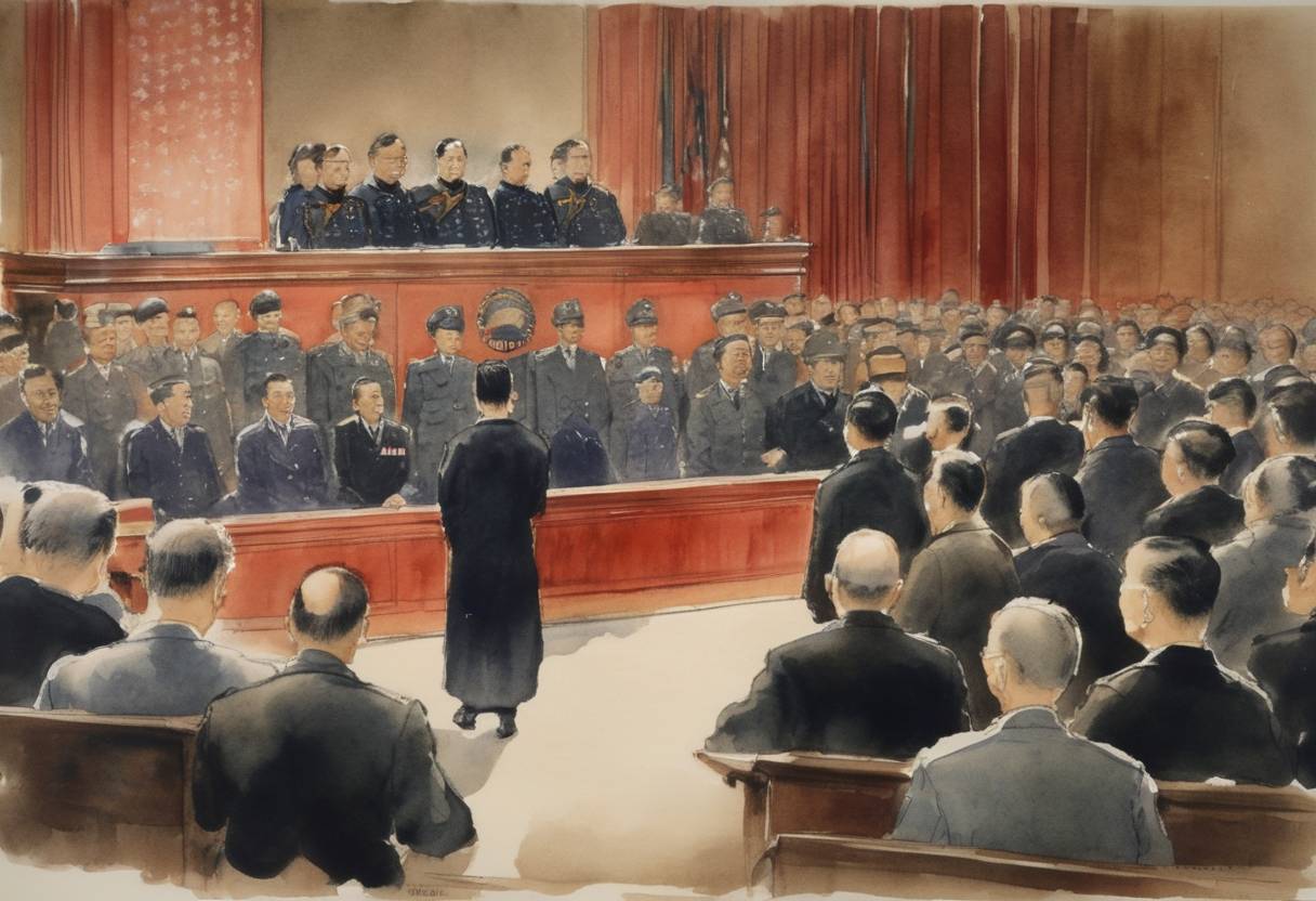Watercolor painting based depiction of Inauguration of the first trial at the International Military Tribunal for the Far East (Tokyo Trials) to prosecute Japanese war crimes committed during World War II. (1946)