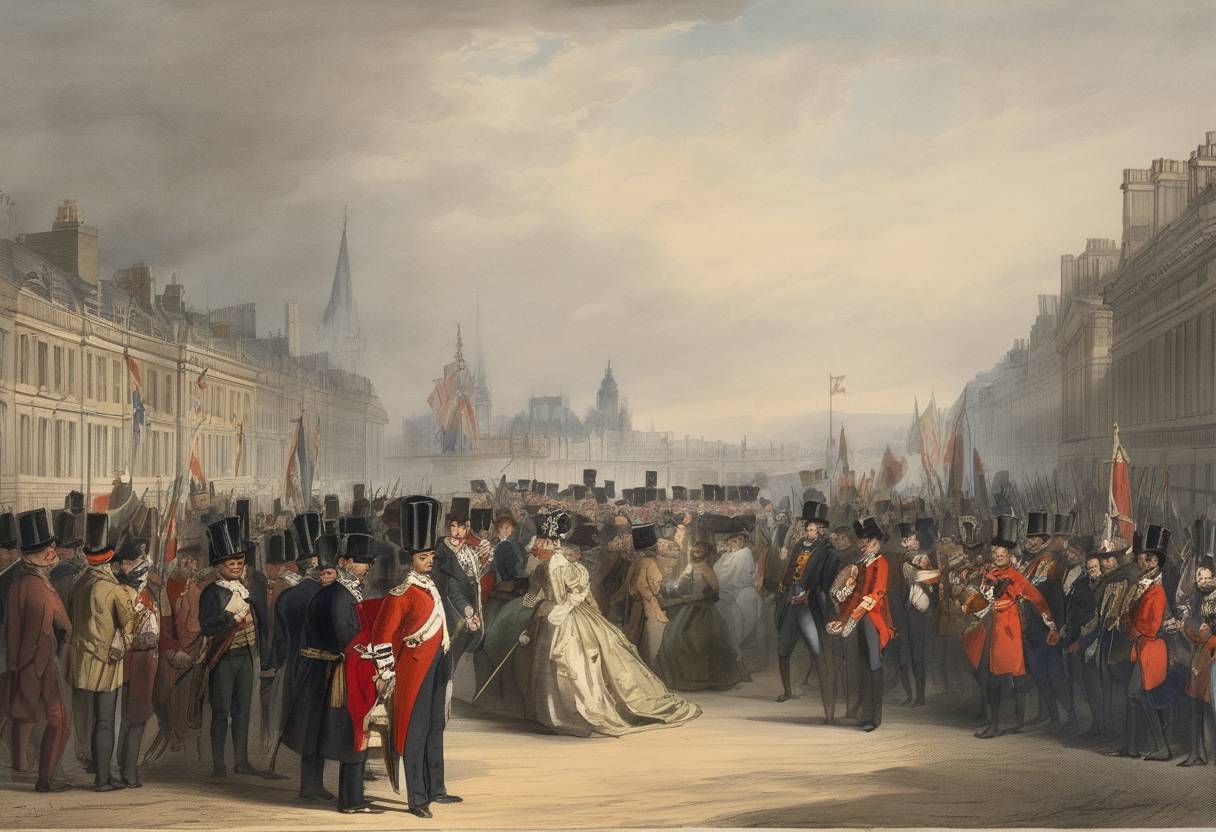 Watercolor painting based depiction of The Treaty of London is signed, establishing Belgium's independence and neutrality. (1839)