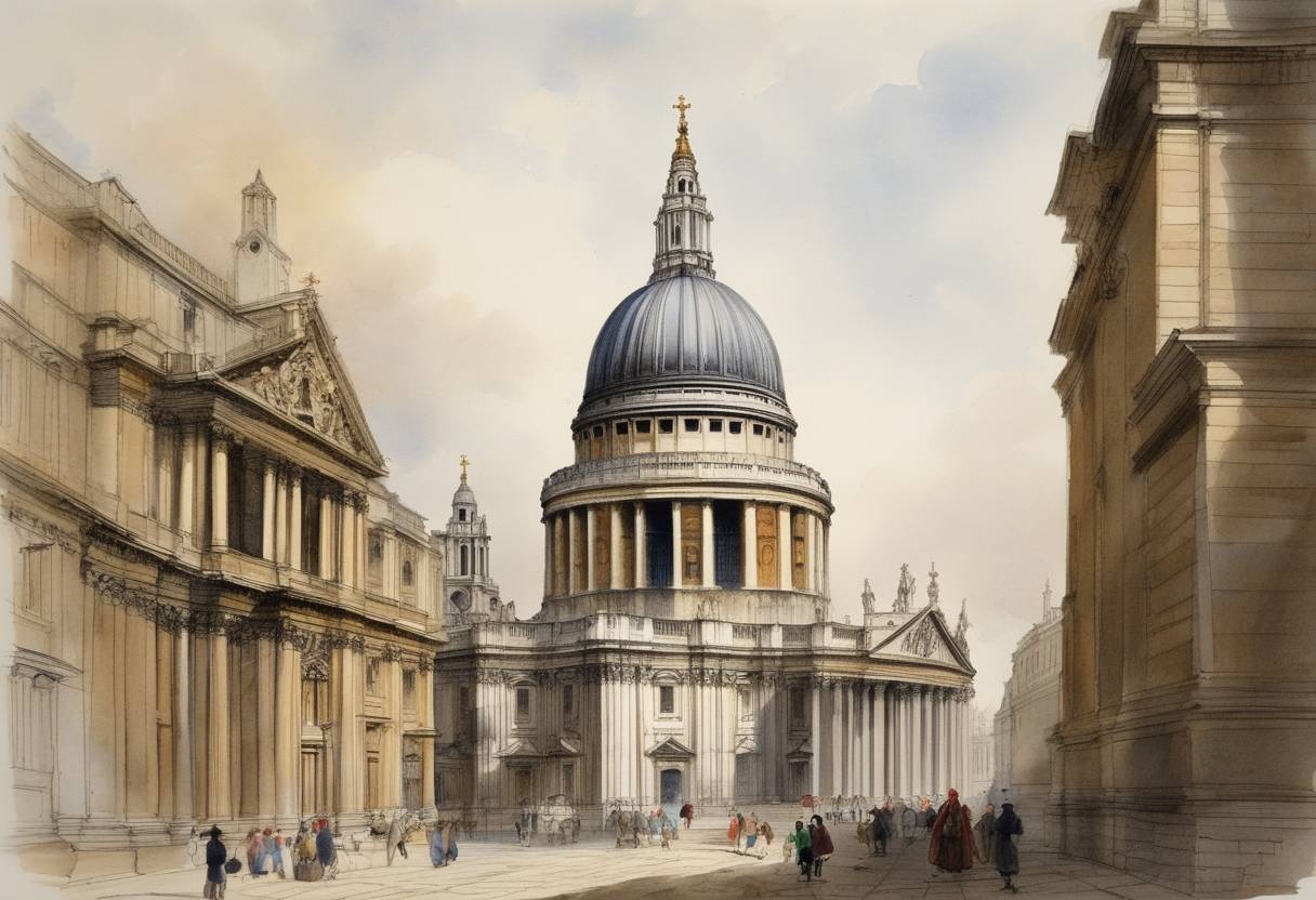 Watercolor painting based depiction of St Paul's Cathedral, designed by Sir Christopher Wren, was consecrated in London. (1697)