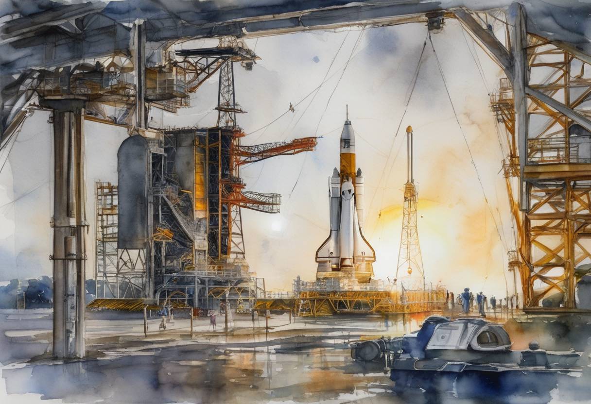 Watercolor painting based depiction of NASA's Artemis I mission launch, part of a program aimed to return humans to the Moon, was postponed due to technological and weather issues, marking a significant moment in space exploration. (2022)