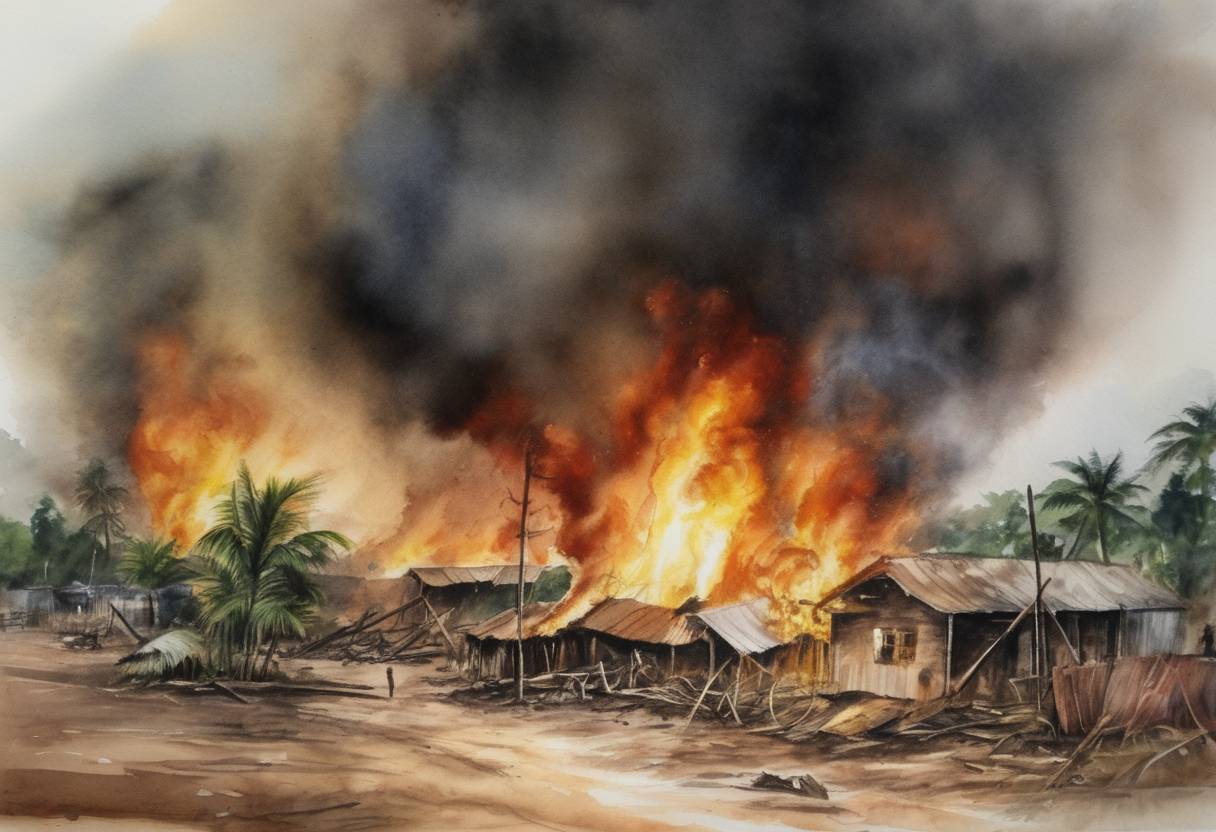 Watercolor painting based depiction of An oil pipeline explosion occurs in the town of Bonny Island, Nigeria, resulting in a large fire. The pipeline was owned by the Nigerian National Petroleum Corporation (NNPC), and the explosion underscored the persistent issues of oil theft and vandalism in the country. (2011)