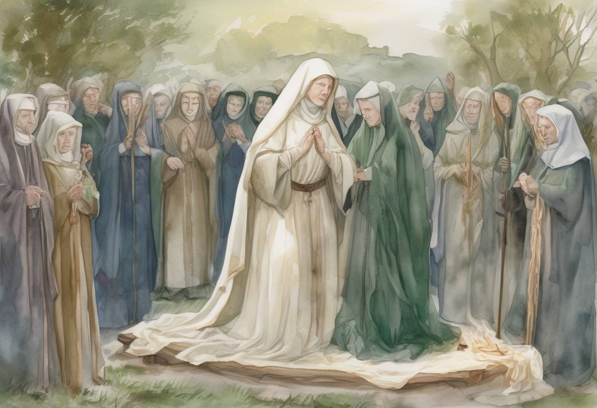 Watercolor painting based depiction of The death of Saint Brigid of Kildare, one of Ireland's patron saints, is traditionally commemorated on this day. She was an early Irish Christian nun, abbess, and founder of several monasteries. (523)