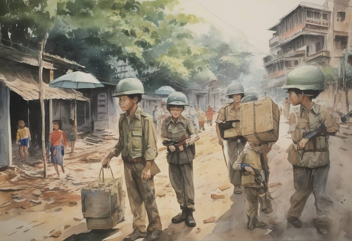 Watercolor painting based depiction of A South Korean delegation was targeted in a bombing in Rangoon, Burma, by North Korean agents, killing 21 people. (1983)