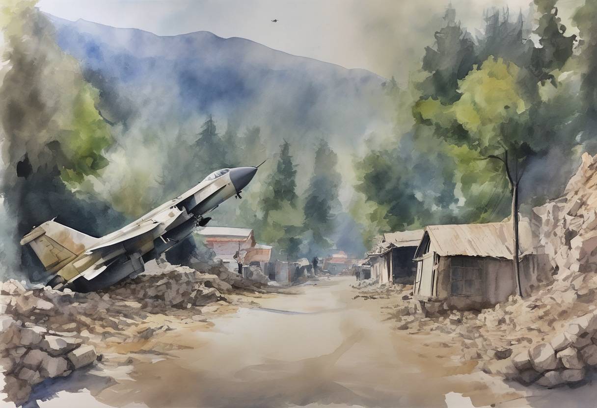 Watercolor painting based depiction of India conducted airstrikes in Balakot, Pakistan, targeting a Jaish-e-Mohammed training camp, following a terrorist attack in Pulwama, Kashmir. This marked a significant escalation in India-Pakistan tensions. (2019)