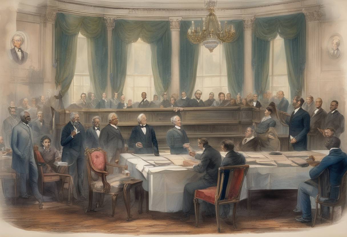 Watercolor painting based depiction of The Thirteenth Amendment to the United States Constitution is declared ratified, abolishing slavery. (1865)