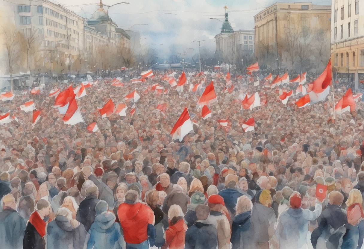 Watercolor painting based depiction of Belarus saw massive protests against President Alexander Lukashenko following a disputed presidential election. Tens of thousands of people gathered in Minsk demanding his resignation. (2020)