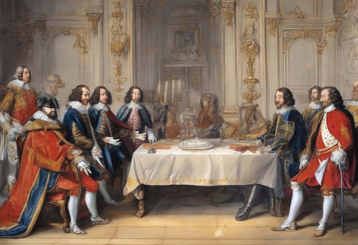 Watercolor painting based depiction of The Treaty of Fontainebleau was signed between Maximilian I, Elector of Bavaria, and King Louis XIII of France, marking a significant alliance during the Thirty Years' War. (1631)