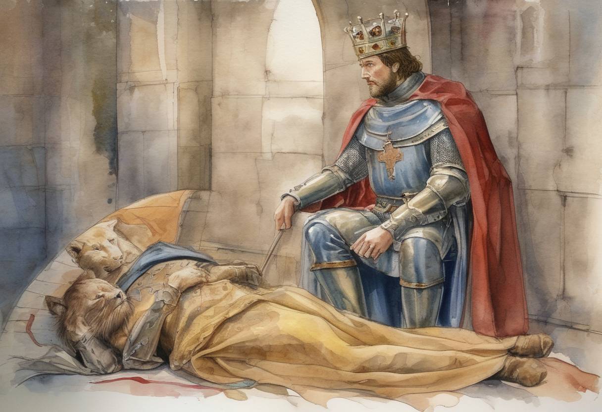 Watercolor painting based depiction of King Richard I of England, also known as Richard the Lionheart, died from an infection following an injury sustained during a siege in France. (1199)
