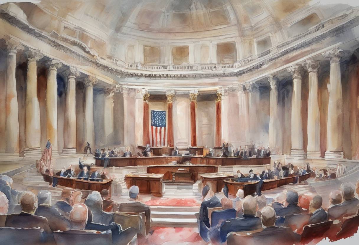 Watercolor painting based depiction of The United States Congress passes the American Taxpayer Relief Act of 2012, averting the fiscal cliff and preventing widespread tax increases and spending cuts. (2013)