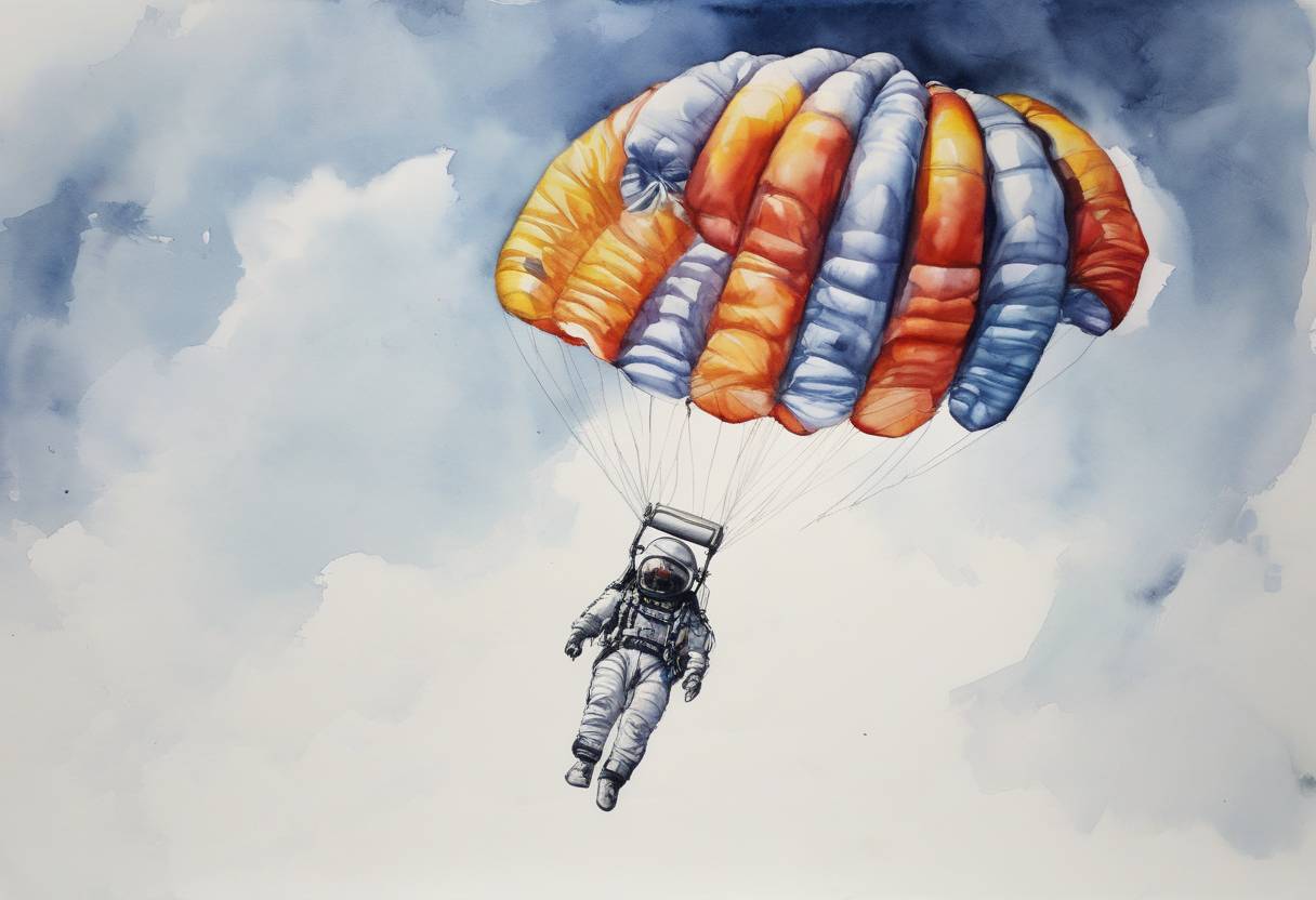 Watercolor painting based depiction of Austrian skydiver Felix Baumgartner broke the world record for skydiving an estimated 39 kilometers (24 miles) from a helium balloon in the stratosphere, becoming the first person to break the sound barrier without vehicular power. (2012)