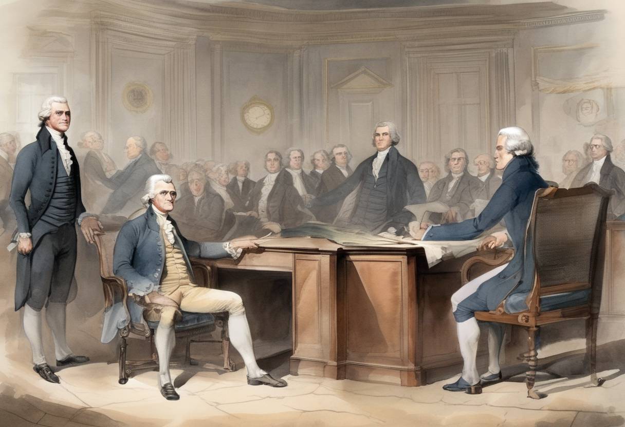 Watercolor painting based depiction of Thomas Jefferson is appointed the first United States Secretary of State. (1789)