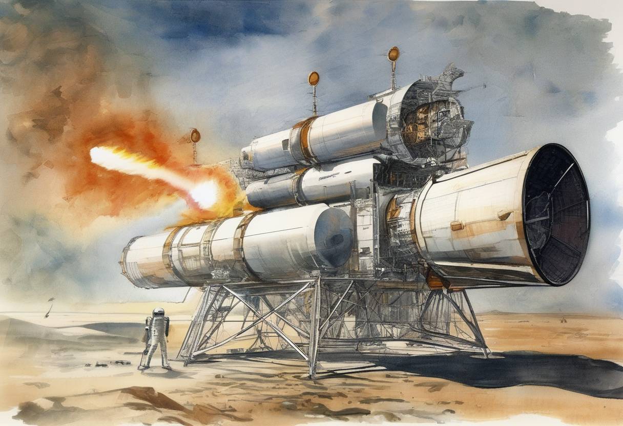 Watercolor painting based depiction of Mariner 4 is launched by NASA, the first spacecraft to successfully fly by Mars and send back images. (1964)