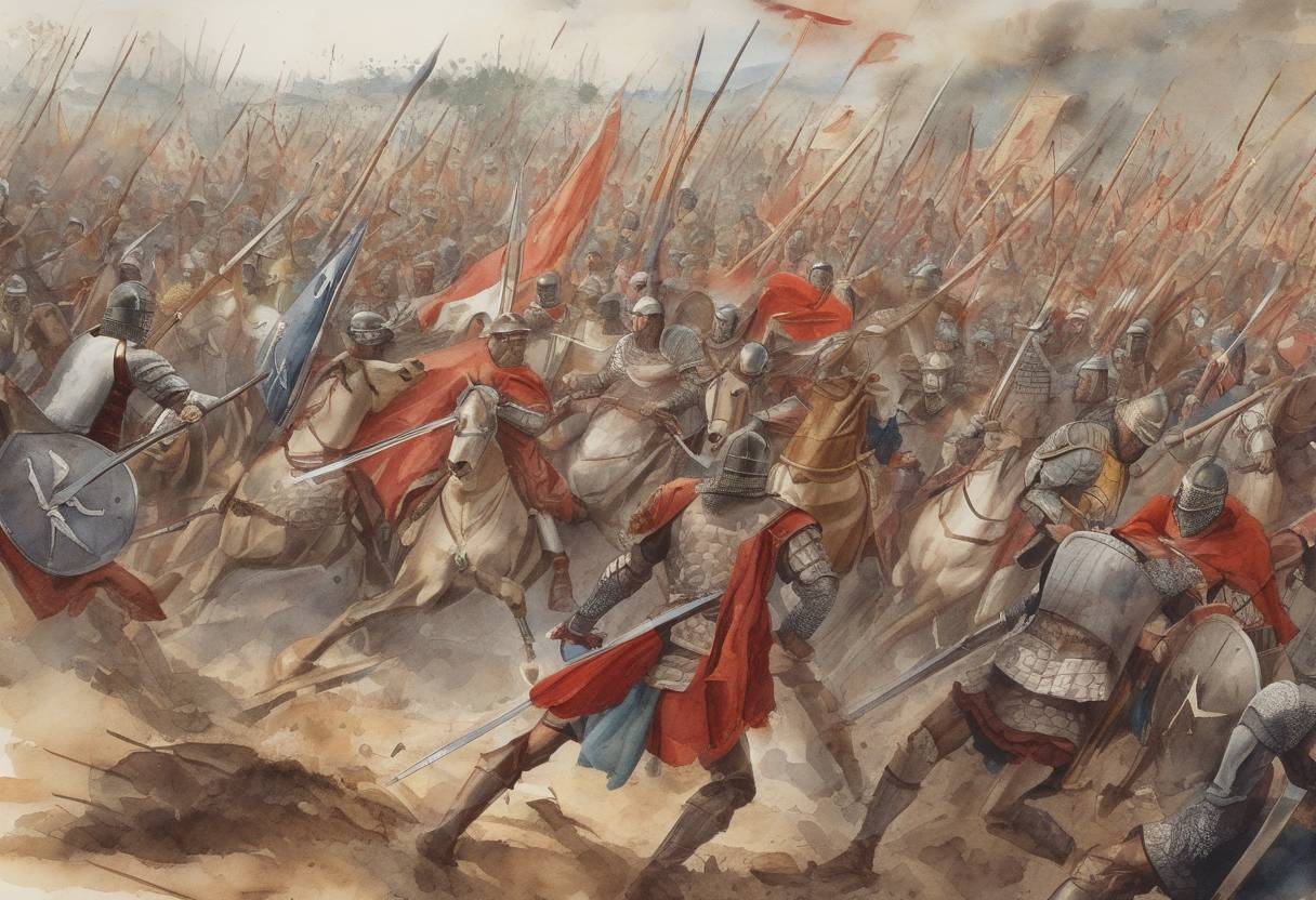 Watercolor painting based depiction of The Battle of Verona took place, where Theodoric the Great, king of the Ostrogoths, defeated Odoacer, the king of Italy. This battle was a significant event in the series of conflicts that led to the fall of Odoacer and the establishment of Theodoric's rule over Italy. (489)