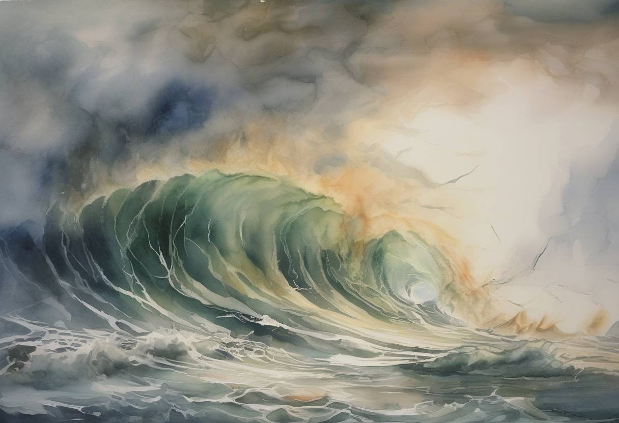 Watercolor painting based depiction of Hurricane Wilma makes landfall in Florida, causing widespread damage and becoming one of the most intense hurricanes in the Atlantic basin. (2005)
