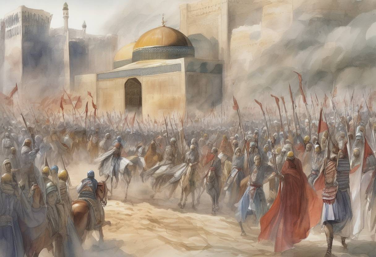 Watercolor painting based depiction of The death of Yazid I, the second Umayyad Caliph, occurred. His reign was marked by significant events such as the Battle of Karbala, which had profound implications for Islamic history. (683)