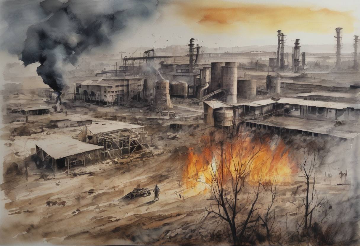 Watercolor painting based depiction of The Bhopal disaster occurred when a gas leak at a pesticide plant in India exposed over 500,000 people to toxic chemicals. (1984)